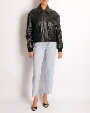 Celine Black Leather Bomber Jacket with Pocket Details Size FR 36 (UK 8)