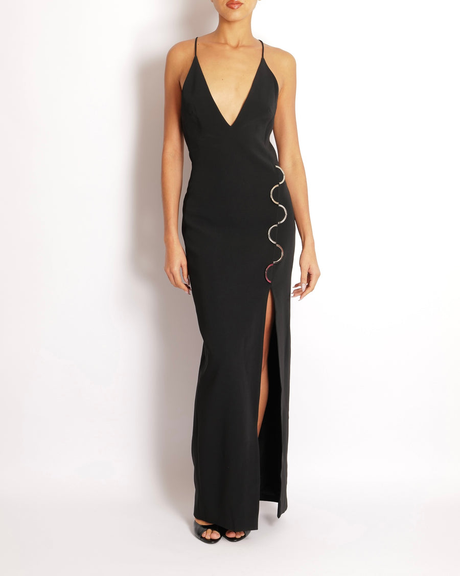 David Koma Black Maxi Dress with Silver Semi-Circle Hardware Details and Side SlitSize UK 10