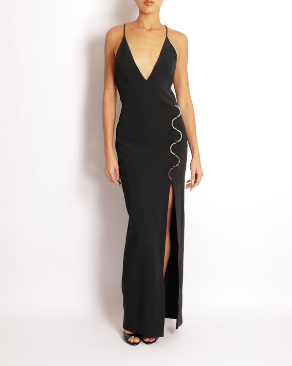 David Koma Black Maxi Dress with Silver Semi-Circle Hardware Details and Side SlitSize UK 10