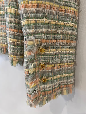 Chanel Vintage Pastel Blue and Multicolour Tweed Jacket with Gold Transparent CC Logo Buttons Size FR 40 (UK 12)