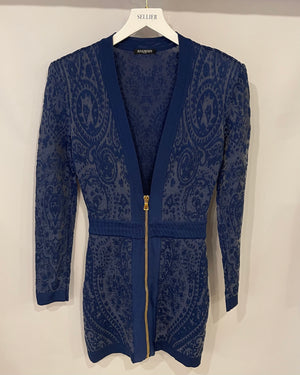 Balmain Blue Lace Mini Dress with Gold Zip Detail Size FR 38 (UK 10)