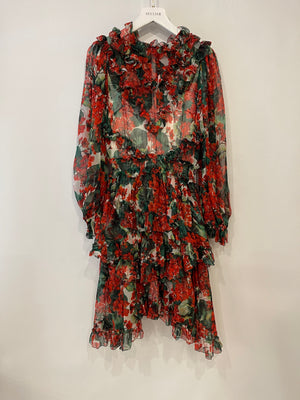 Dolce & Gabbana Red Floral Silk Ruffle Long-Sleeve Mini Dress Size IT 40 (UK 8)