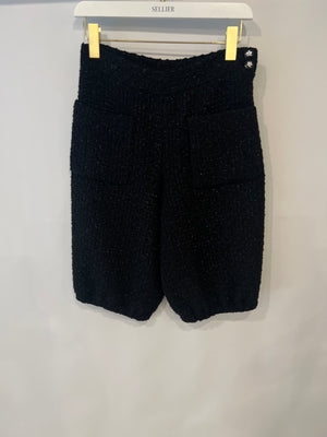 Chanel Black Tweed Shimmery Bermuda Shorts with Silver Flower Crystal Buttons Size FR 34 (UK 6)