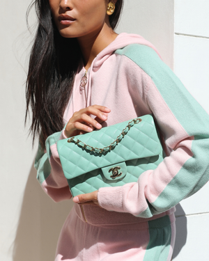 *SUPER HOT* Chanel 21P Mint Green Classic Small Double Flap Bag in Caviar Leather with Champagne Gold Hardware