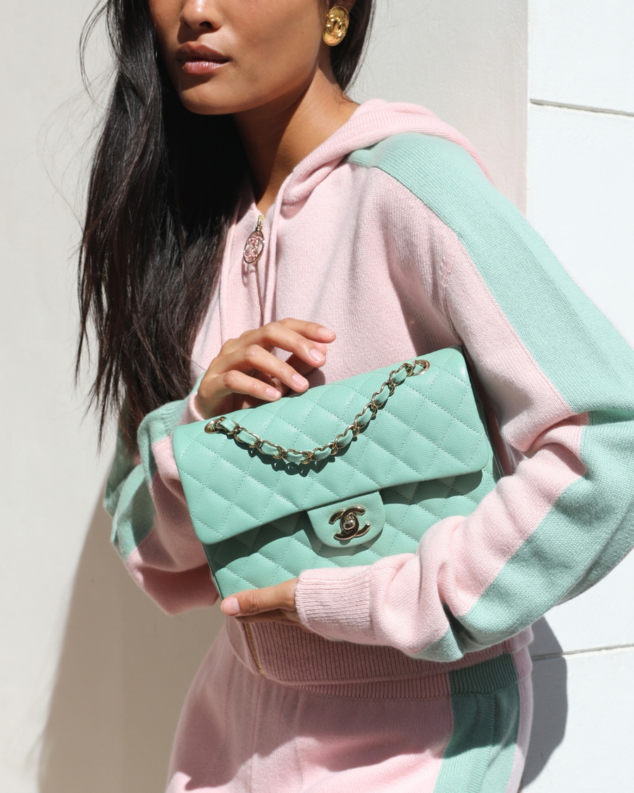 *SUPER HOT* Chanel 21P Mint Green Classic Small Double Flap Bag in Caviar Leather with Champagne Gold Hardware