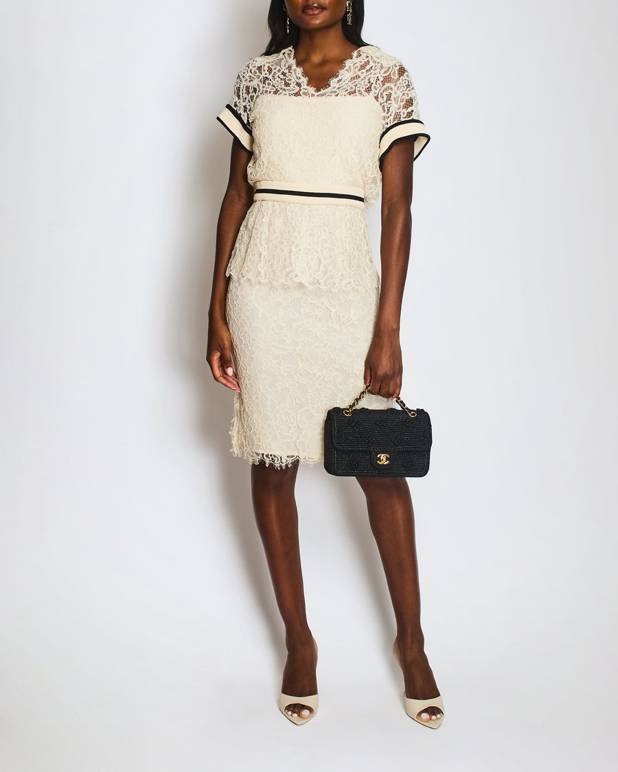 Chanel Ivory Short Sleeve Tiered Lace Midi Dress with Ribbed Waist Detail Size FR 38 (UK 10)