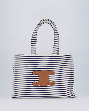 Celine Navy and Cream Striped Tote Bag with Logo Plaque Detail