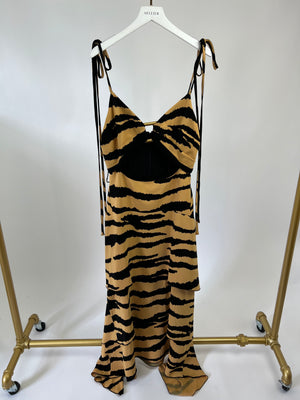 Proenza Schouler Beige and Black Zebra Print Ruffled Dress with Gold Detail Size US 6 (UK 10)