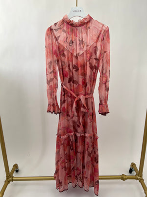 Zimmermann Pink Silk Floral Long-Sleeved Maxi Dress with Belt Size 1 (UK 10)