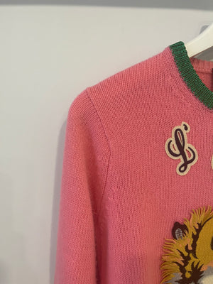 Gucci Pink L'Aveugle Par Amour Tiger Wool Knit Long Sleeve Jumper Size M (UK 10)