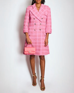 Chanel 24/P Pink Tweed Double Breasted Coat with CC Logo Button Detail Size FR 38 (UK 10)