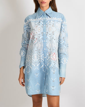 Ermanno Scervino Light Blue Denim Shirt Dress with White and Red Aztec Embroideries and Perforated Details Size IT 36 (UK 4)