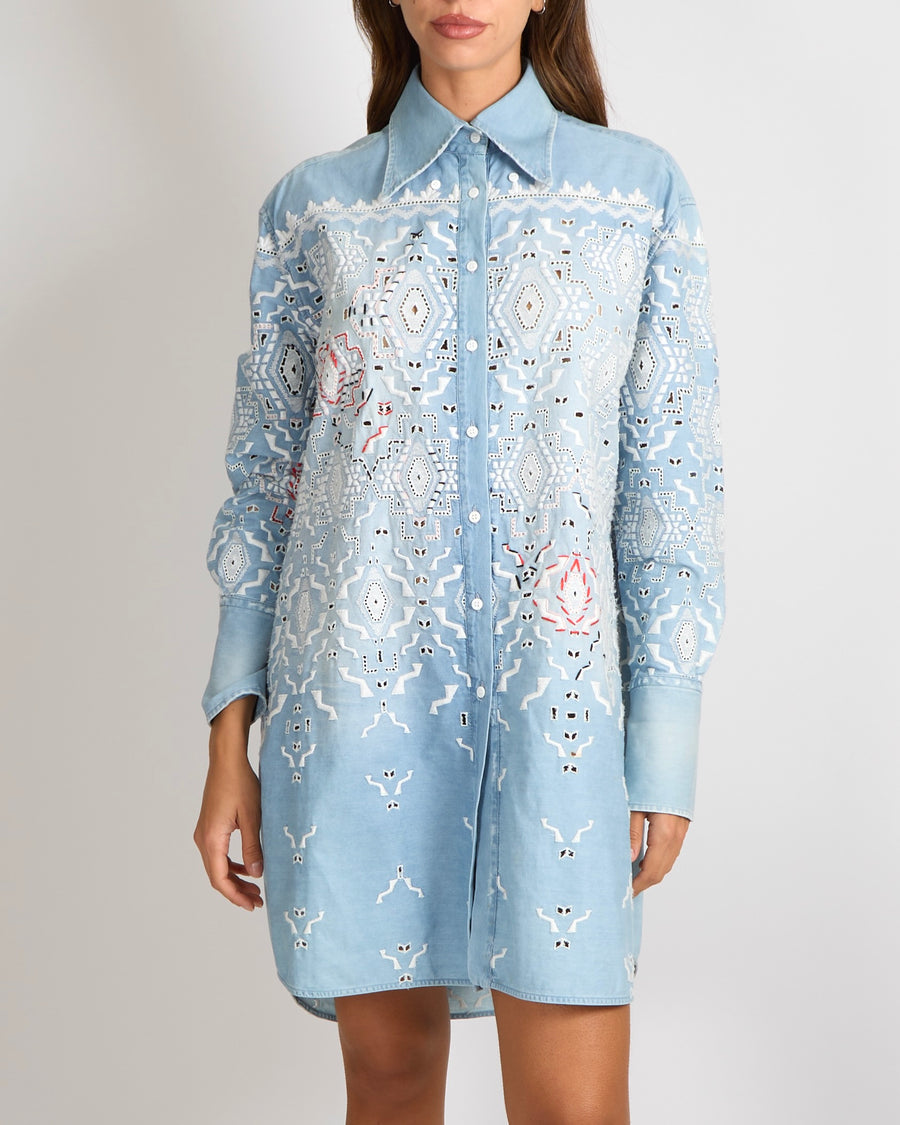 Ermanno Scervino Light Blue Denim Shirt Dress with White and Red Aztec –  Sellier