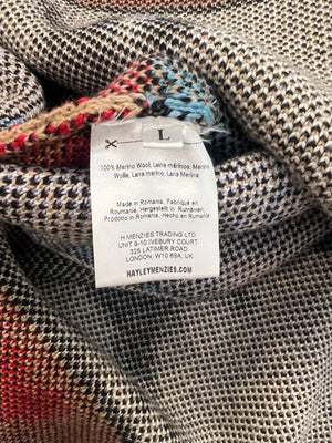 Hayley Menzies Black and Multi-Colour Wool Knitted Belted Cardigan and Midi Skirt Set with Horse, Flower and Heart Designs and Fringed Trims Detail Size S/L (UK 8/12)