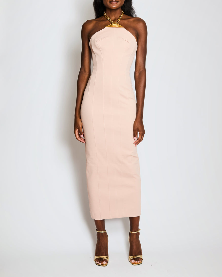Schiaparelli Blush Pink Corseted Column Maxi Dress with Gold Lips Choker Detail Size FR 36 (UK 8)