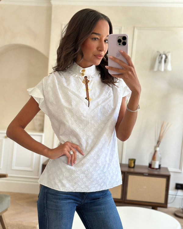 Louis Vuitton White Cotton Short Sleeve Shirt With Monogram Embroidery and Gold Logo Detail Size FR 36 (UK 8)