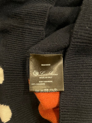 Loro Piana Navy Baby Cashmere Ribbed Long-Sleeved Hooded Gilet with Mushrooms and Fox Print Size IT 40 (UK 8)