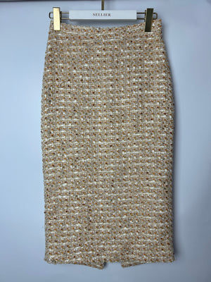 Alessandra Rich Beige, Yellow and Orange Tweed Midi Skirt Size IT 40 (UK 8)