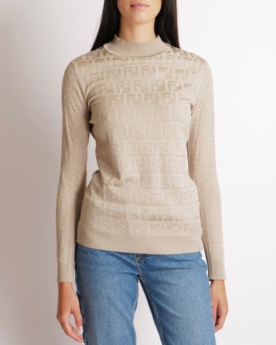 Fendi Beige FF Logo Metallic Long-Sleeve Top Size IT 42 (UK 10)&nbsp;