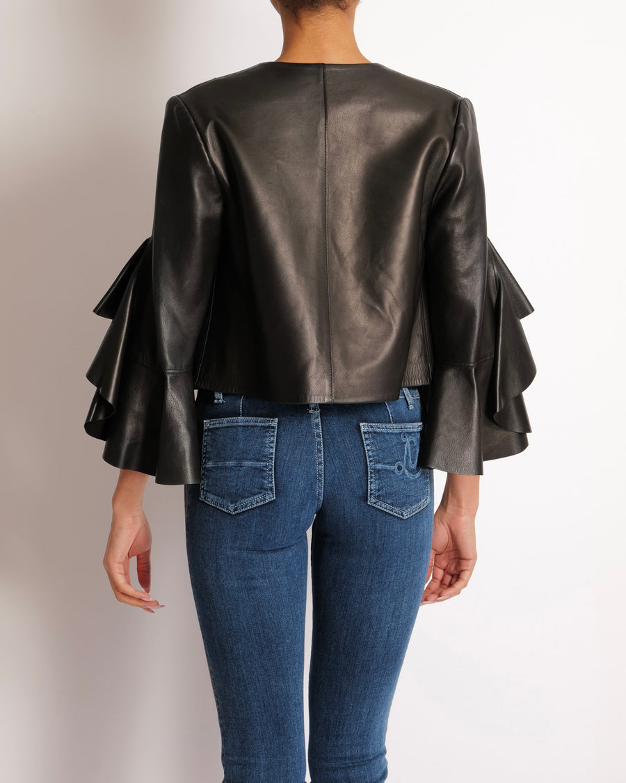 Alexander McQueen Black Leather Cropped Jacket with Ruffled Sleeves Size IT 40 (UK 8)RRP1800£