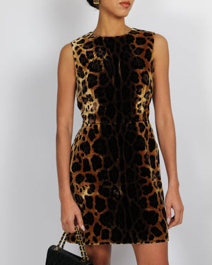 Dolce & Gabbana Brown Leopard Print Velours Sleeveless Mini Dress Size IT 44 (UK 12)