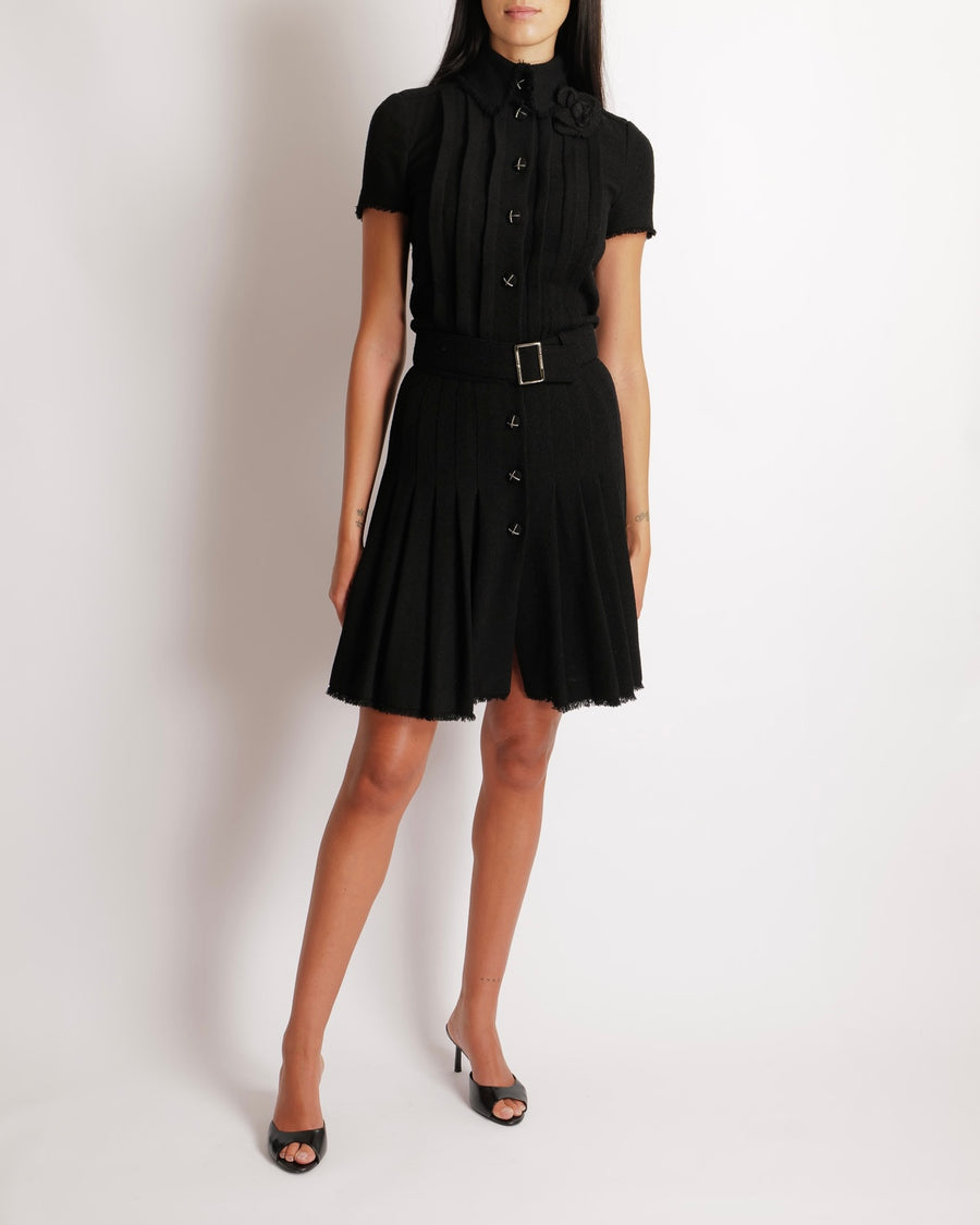 Chanel Black Wool Belted Short-Sleeved Mini Dress with Black and Silver CC Logo Buttons and Frayed Trims Detail Size FR 34 (UK 6)
