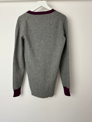 Chanel 07/A Grey and Purple Cashmere Jumper with Embroidered and Beaded Logo Patch Detail FR 38 (UK 10)