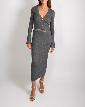 Alessandra Rich Grey and Silver Metallic Crystal Embellished Cropped Cardigan and Midi Skirt Set with Silver Buttons Detail Size IT 40 (UK 8) RRP £1,600
