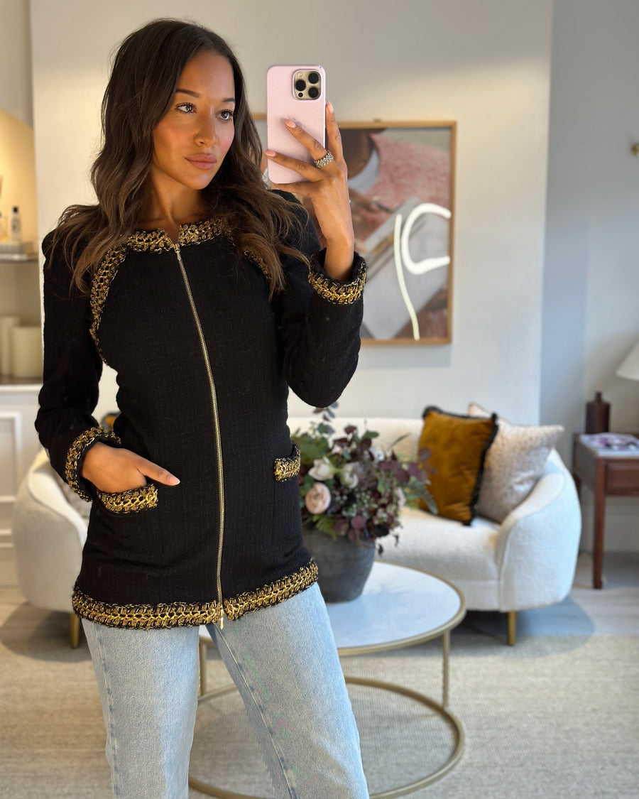 Chanel Black Wool Jacket with Gold Embroidery Detail Size FR 36 (UK 8)