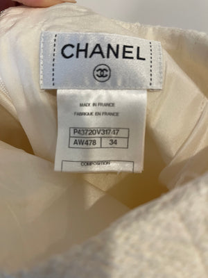 Chanel 20S Cream Tweed Midi Skirt with Pearl CC Logo Details and Pockets Size FR 34 (UK 6)