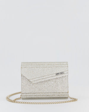 Jimmy Choo Champagne Gold Glitter Candy Clutch with Chain Detail