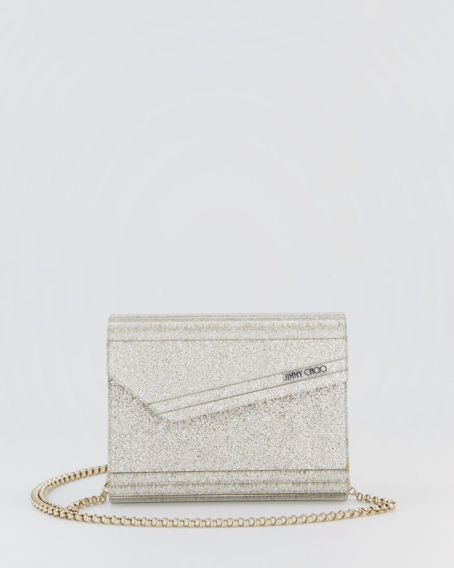 Jimmy Choo Champagne Gold Glitter Candy Clutch with Chain Detail