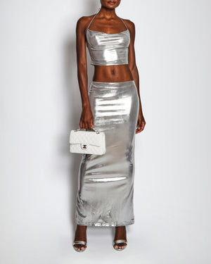 Superdown Silver Metallic Crop Top and Maxi Skirt Set Size XS (UK 6)