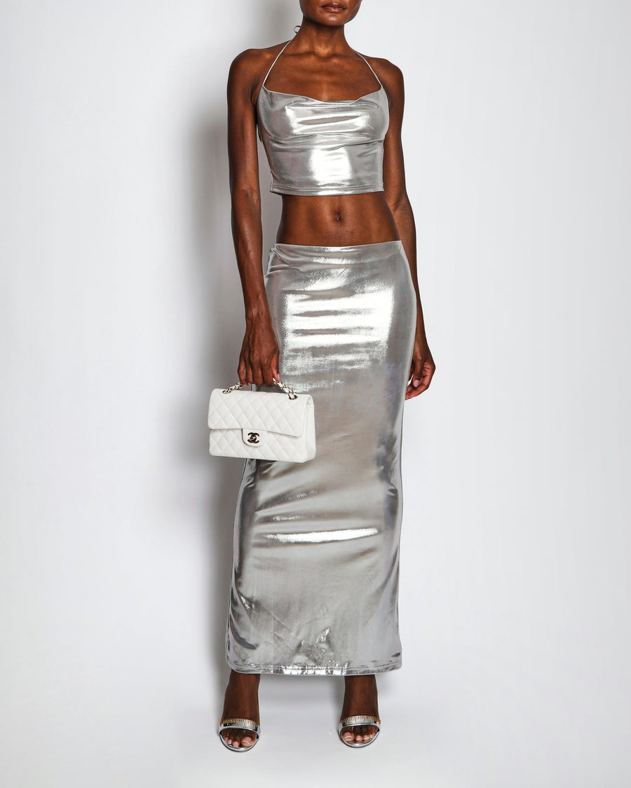 Superdown Silver Metallic Crop Top and Maxi Skirt Set Size XS (UK 6)