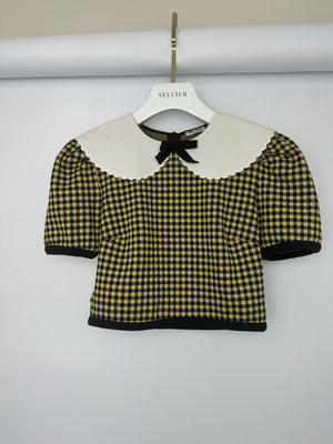 Miu Miu Yellow, Black and Houndstooth Short Sleeve Crop Top with White Scallop Collar Detail Size M (UK 10)