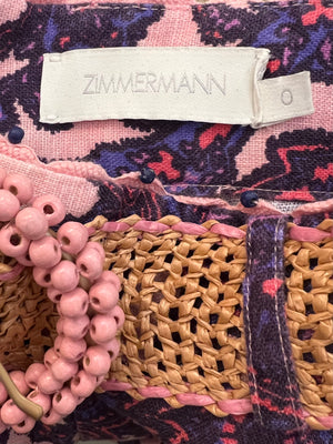 Zimmermann Pink and Purple Ramie Blouse and Linen Shorts Set with Straw Belt and Pink Beaded Buckle Detail Size 0 (UK 8)