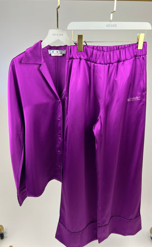 Off-White Purple Satin Pyjama Shirt and Wide Leg Trouser Set Size IT 40 (UK 8)