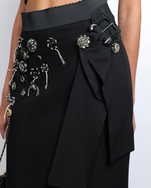 Dolce & Gabbana Black Wool Midi Skirt with Crystal Embellishments and Buckle Detail Size IT 44 (UK 12)