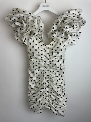 Alessandra Rich White & Black Polka Dot Ruched Crepe Mini Dress with Crystal Buttons and Strap Ruffle Details Size IT 38 (UK 6)