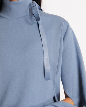 Fendi Blue Wool Long Sleeved Jumper with Logo Ribbon Detail Size IT 40 (UK 10)