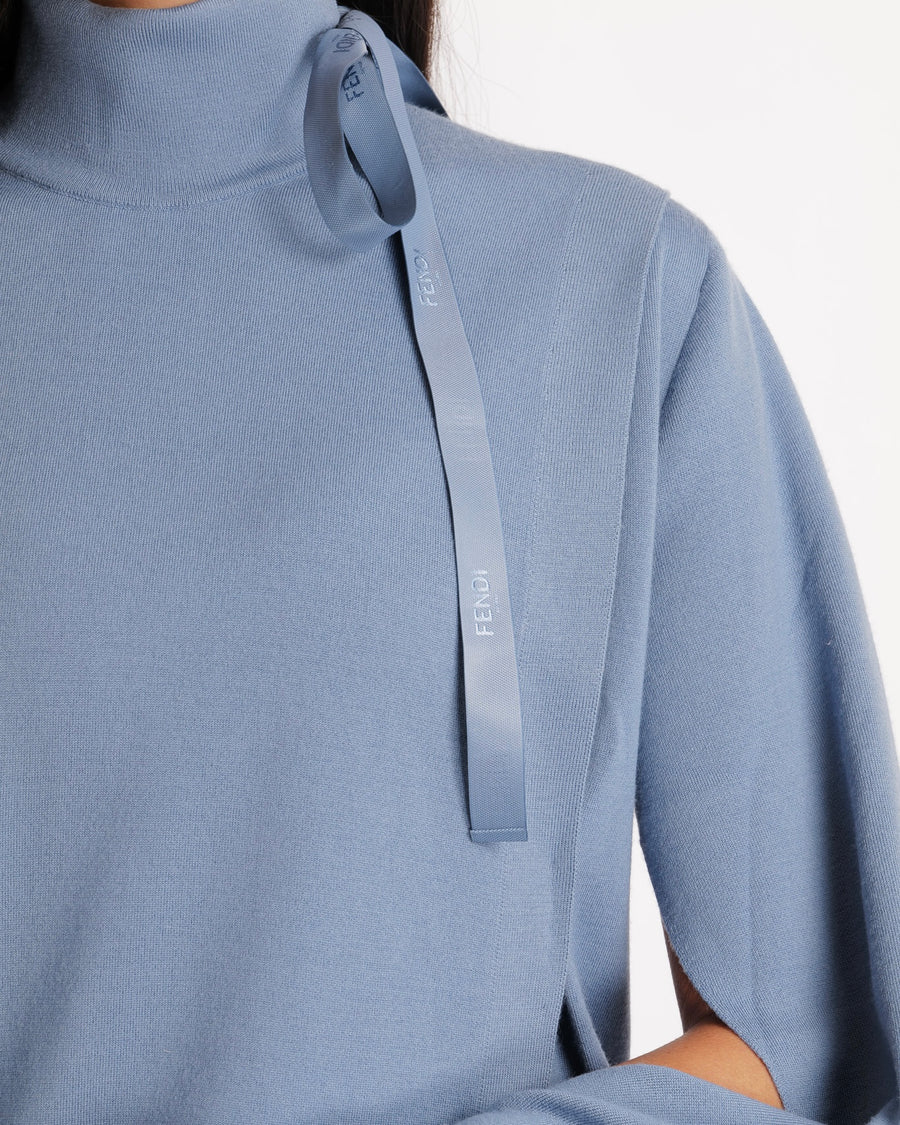 Fendi Blue Wool Long Sleeved Jumper with Logo Ribbon Detail Size IT 40 (UK 10)