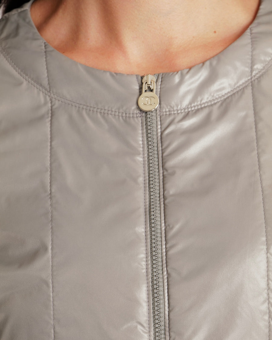 Chanel Grey Windbreaker Jacket with Silver CC Logo Buttons and Pocket Details Size FR 36 (UK 8)