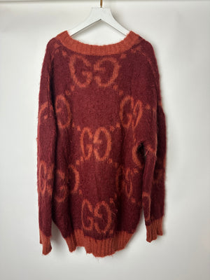 Gucci Burgundy Mohair V-Neck Jumper with GG Details Size S (UK 8)