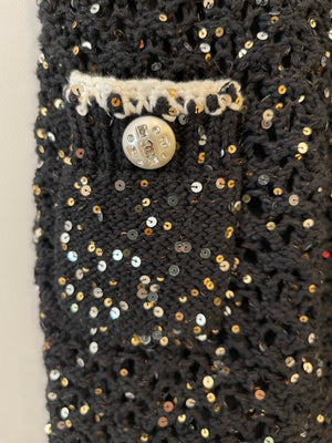 Chanel SS/23 Black Sequin Embellished Mini Dress with Bow and CC Crystal Buttons Details Size FR 36 (UK 8)