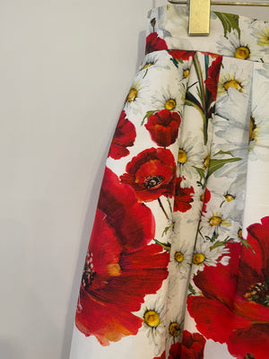 Dolce & Gabbana White and Red Poppy Printed Midi Skirt Size IT 42 (UK 10)