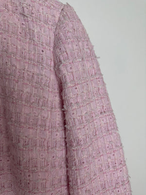 *HOT* Chanel 24S Pink Tweed Long Sleeve A-Line Asymmetric Mini Dress with Silver and Pink Logo Button Details Detail FR 34 (UK 6) RRP £11,650