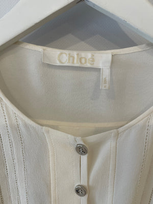 Chloé White Silk Cardigan Top with Embroideries and Silver Buttons Size FR 36 (UK 8)