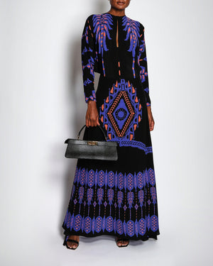 Johanna Ortiz Black, Purple and Orange Botanical Print Silk Long Sleeve Top and Maxi Skirt Set Size US 4 (UK 8)