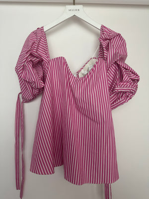 Caroline Constas Pink and White Stripe Off-Shoulder Cotton Top With Corset Detail Size S (UK 8)