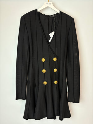 Balmain Black Striped Double Breasted Midi Dress with Gold Button Detail Size FR 44 (UK 16)
